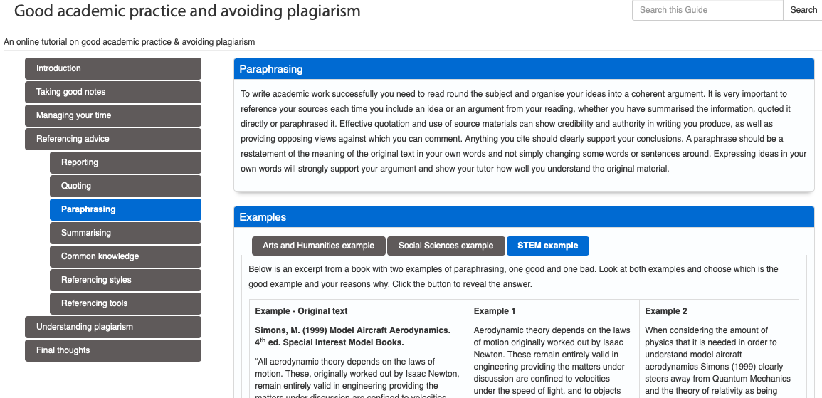 Screenshot from the toolkit showing the section on paraphrasing