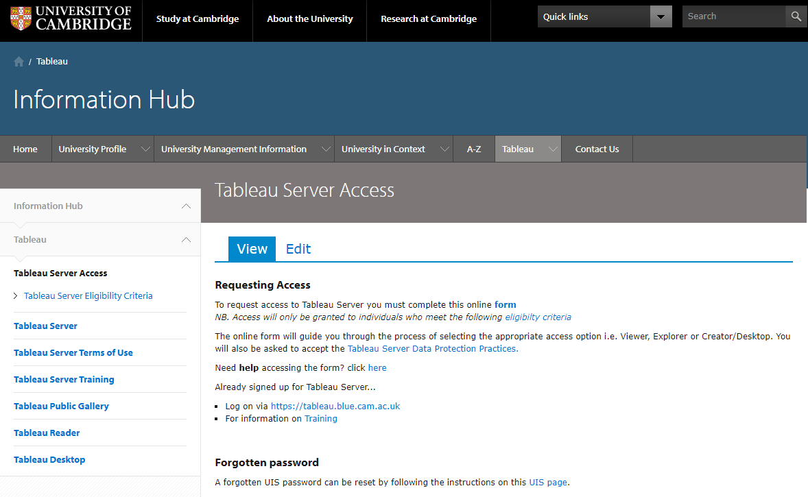 Screenshot of webpage where you can request access to Tableau Server