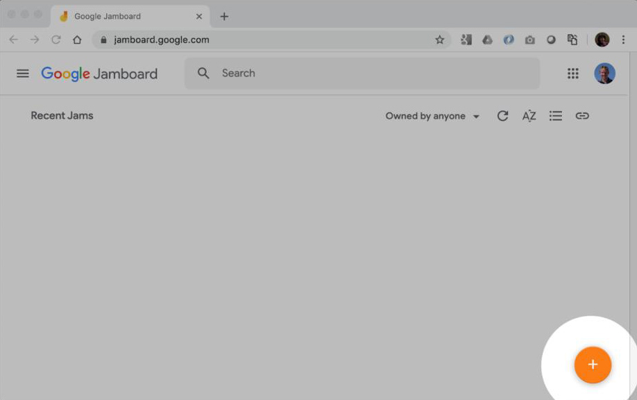 Screen grab of Google Jamboard showing the plus icon to create a new Jam