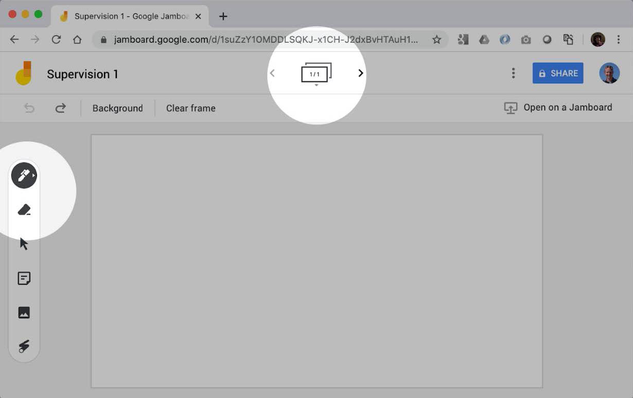 Screen grab of Google Jamboard showing the board's toolbars and navigation
