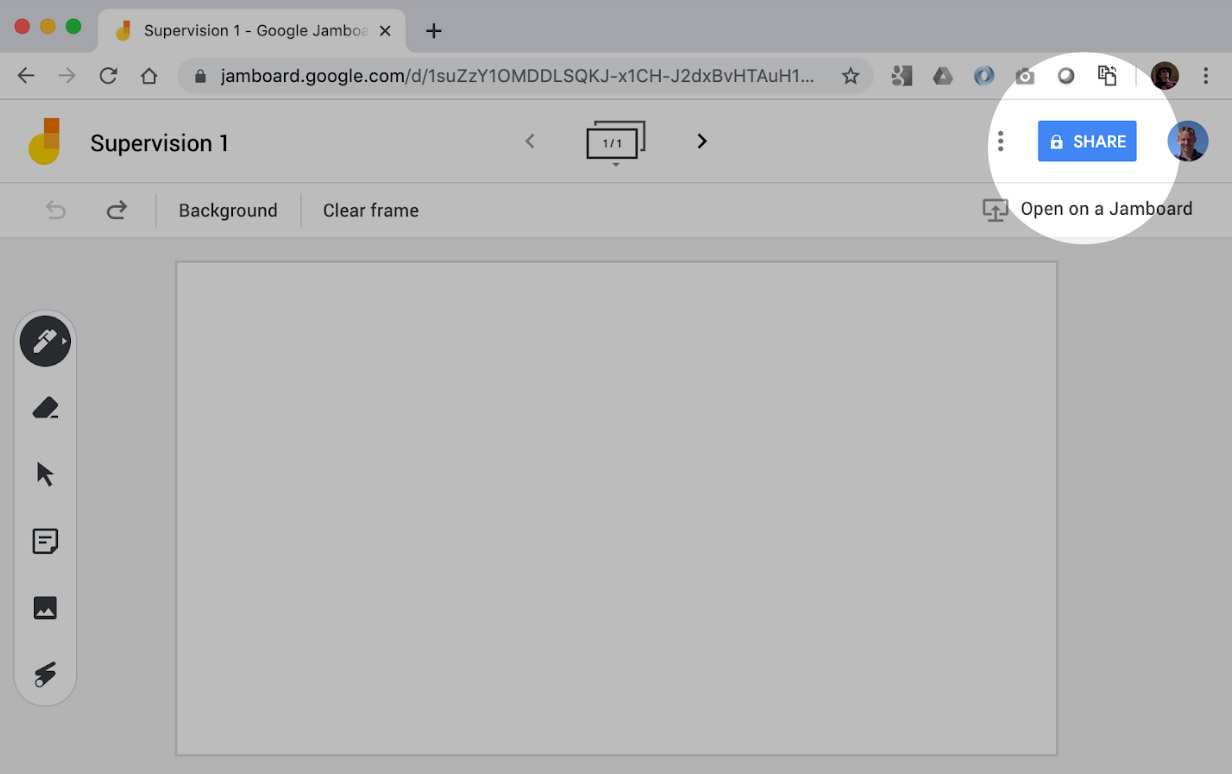 Screen grab of Google Jamboard showing the 'share' button