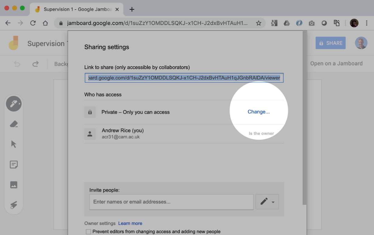 Screen grab showing Google Jamboard sharing settings