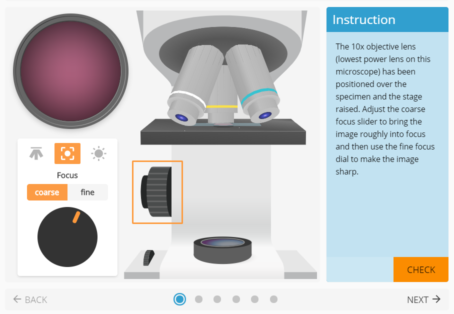 Example of a simulation, provided on the Getting to Grips with Online Learning site - users can manipulate a virtual microscope to focus on an image