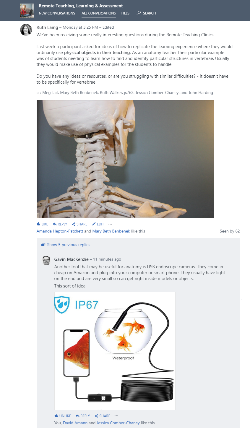 Discussion on Yammer about using physical objects in remote teaching
