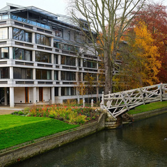 The Mathematical Bridge of Queens College spanning the river in autumn