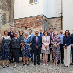 Winners of the 2024 Pilkington Prize with PVC Bhaskar Vira and VC Deborah Prentice at St John's College