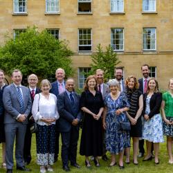 The 2025 Pilkington Prize winners with Vice-Chancellor Deborah Prentice, Pro-Vice-Chancellor Bhaskar Vira, and the donors, at the prize ceremony at Christ's College in June