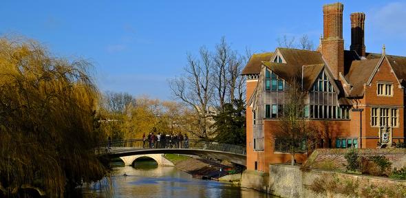 Students gathered on the bridge beneath the Jerwood Library