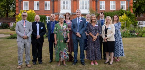 The 2021 winners of the Pilkington Prize at Newnham College for the joint prize-giving ceremony in 2022, with Senior Pro-Vice-Chancellor Graham Virgo and representatives of the donors