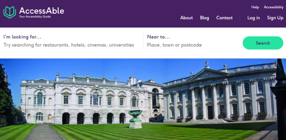 Screenshot of the AccessAble Cambridge home page with a photo of the Senate House