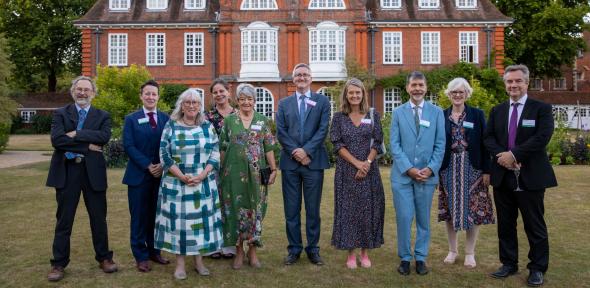 The 2020 winners of the Pilkington Prize at Newnham College for the joint prize-giving ceremony in 2022, with Senior Pro-Vice-Chancellor Graham Virgo and representatives of the donors